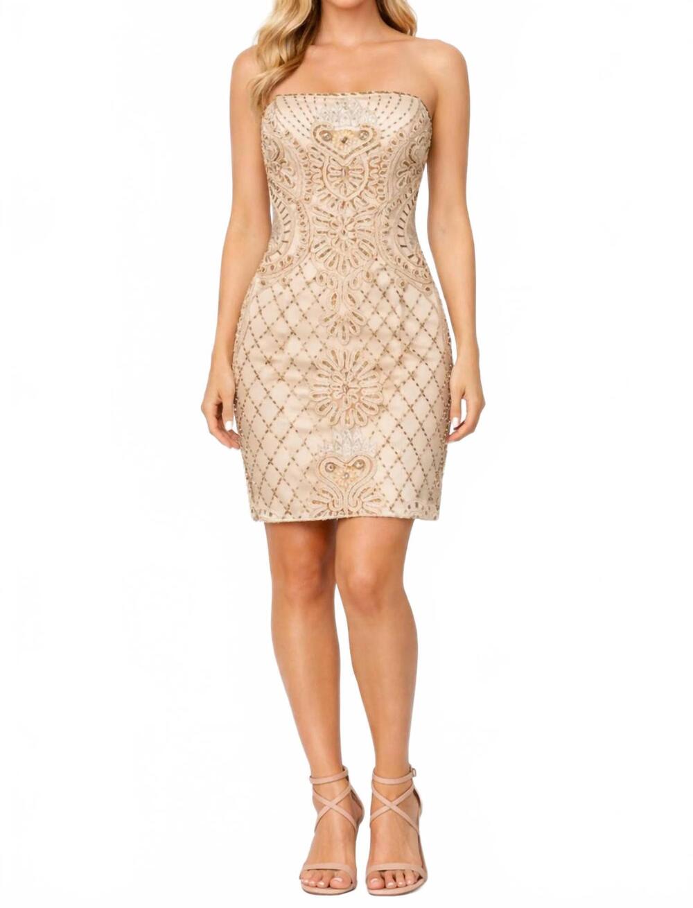 NEW SUE WONG strapless beaded ribbon swirl mesh dress in champagne